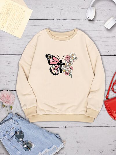 swvws Butterfly Round Neck Dropped Shoulder Sweatshirt