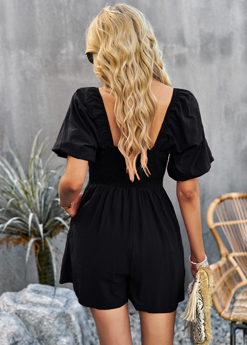 swvws Square Neck Short Sleeve Smocked Romper