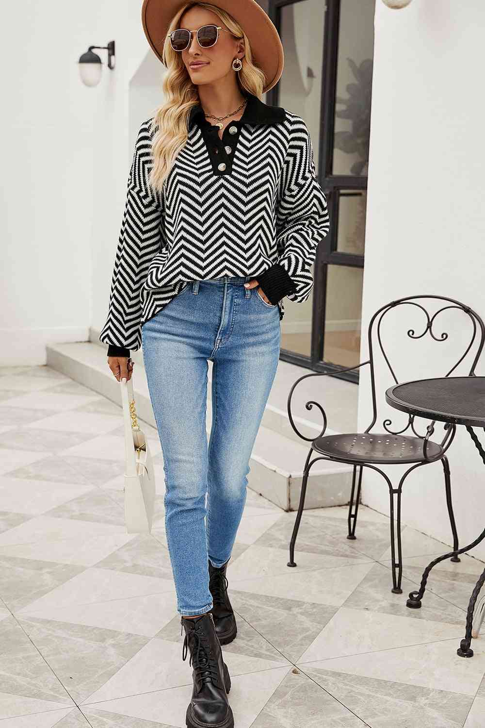 swvws Striped Collared Neck Buttoned Pullover Sweater