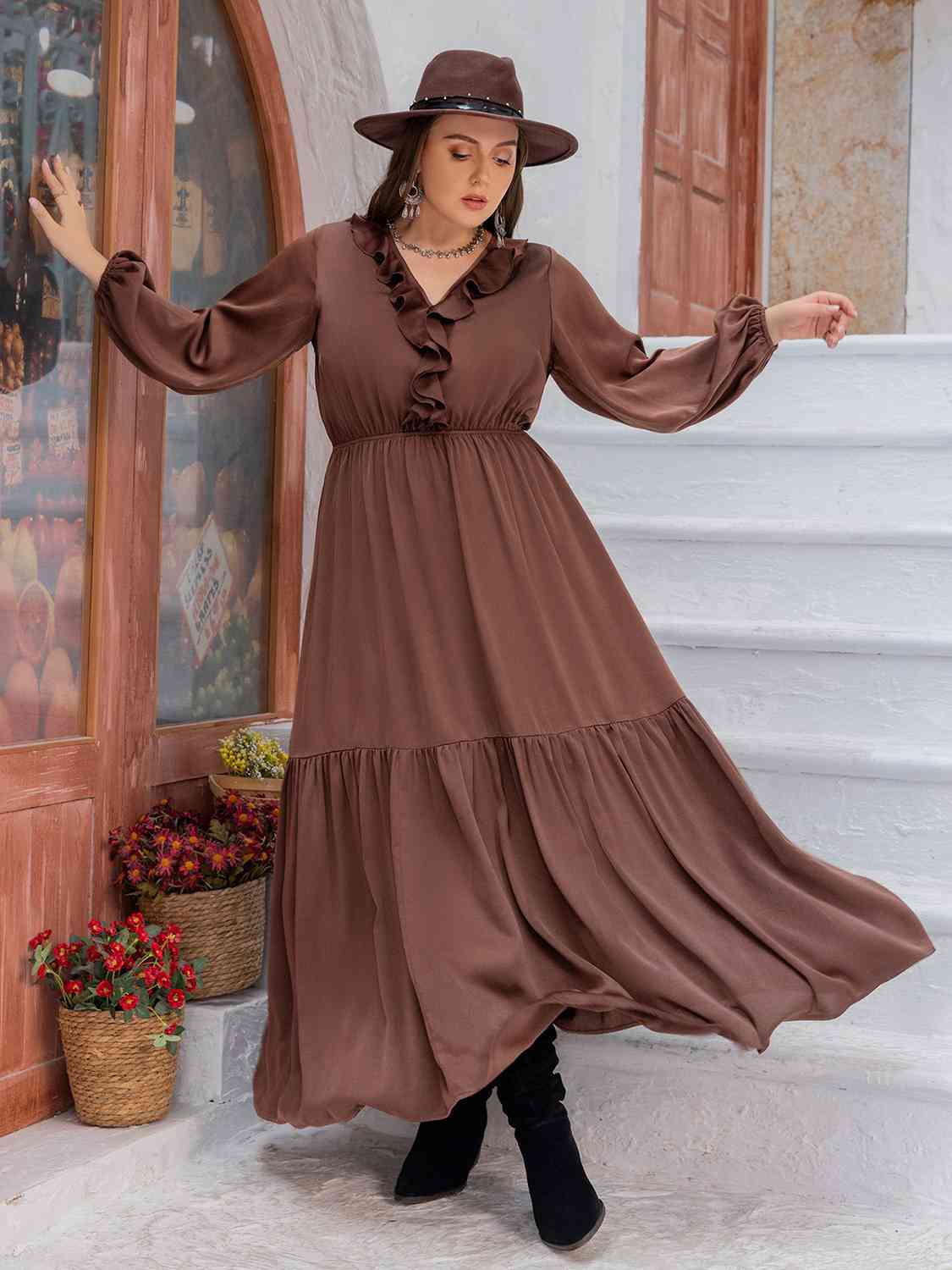 swvws Plus Size V-Neck Ruffle Trim Maxi Dress