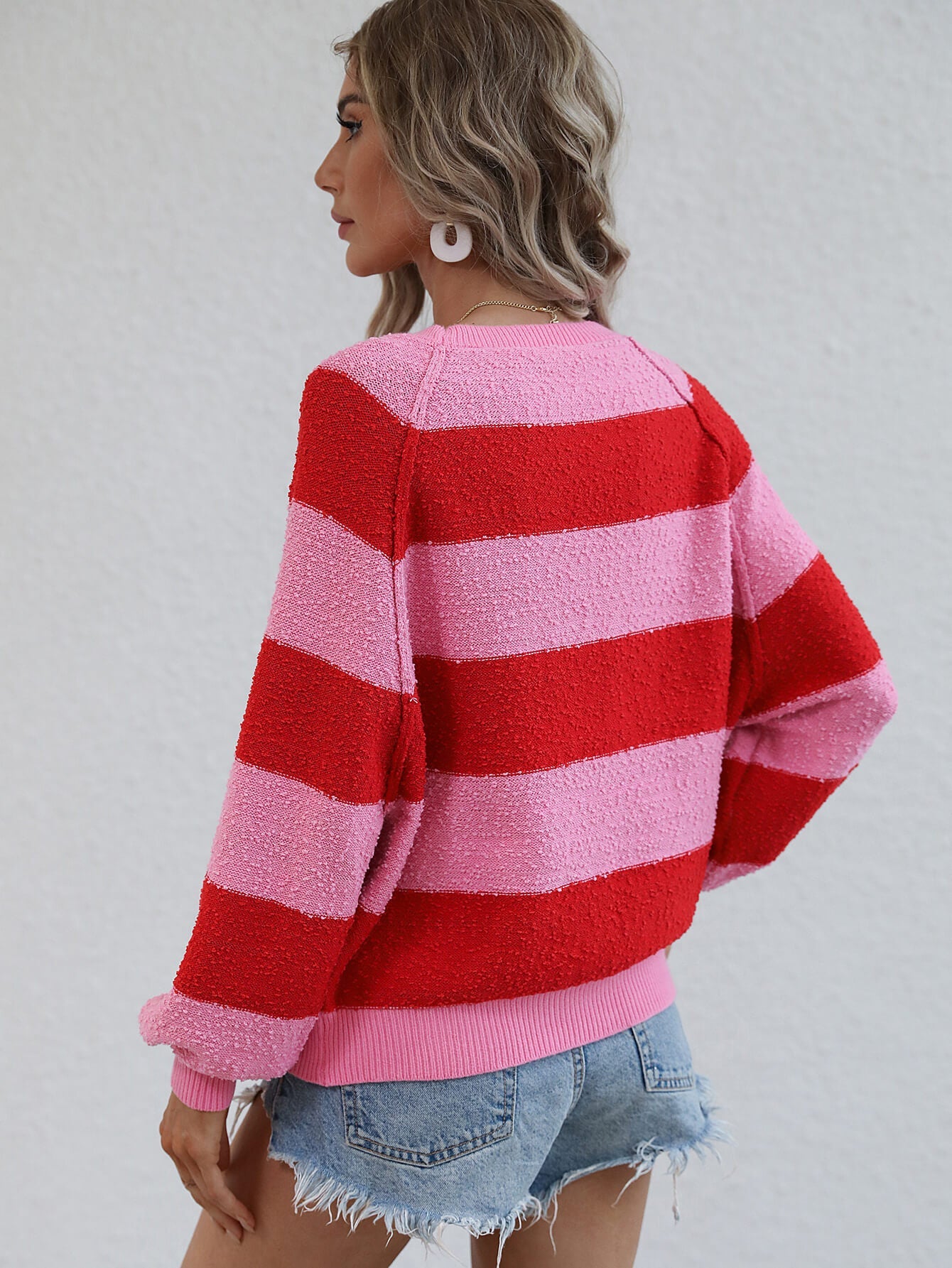 swvws Striped Raglan Sleeve Ribbed Trim Knit Top