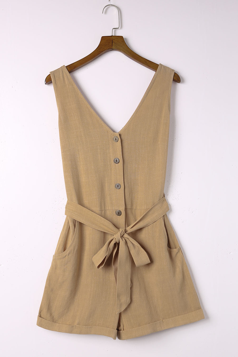 swvws Tie-Waist Buttoned Plunge Sleeveless Romper