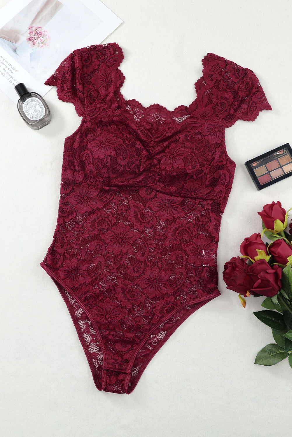 swvws Ruched Sweetheart Neck Lace Bodysuit