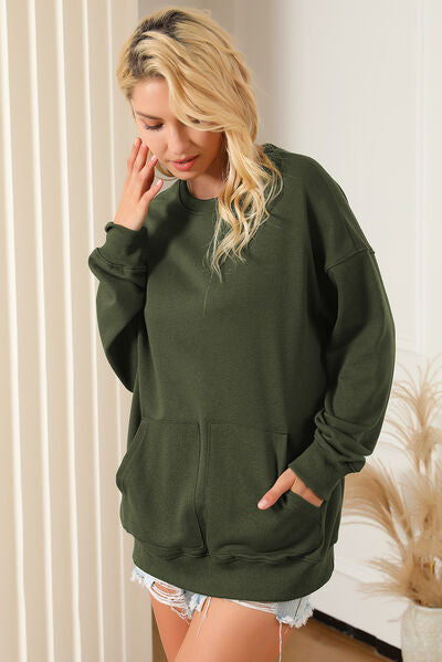 swvws Pocketed Round Neck Dropped Shoulder Sweatshirt