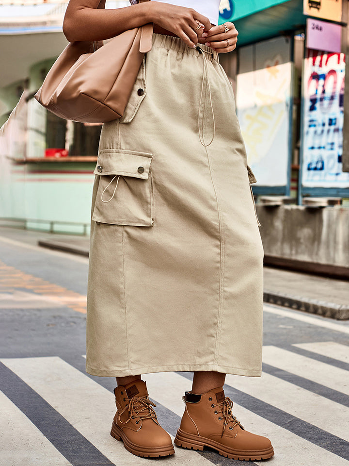 themeisles Drawstring Waist Slit Denim Skirt