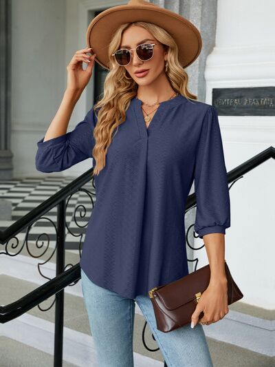 swvws Textured Notched Three-Quarter Sleeve Blouse