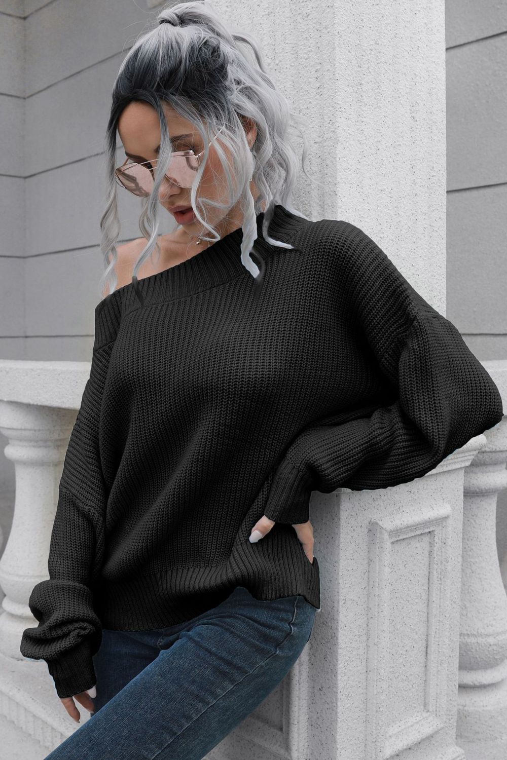 swvws Off-Shoulder Ribbed Long Sleeve Pullover Sweater