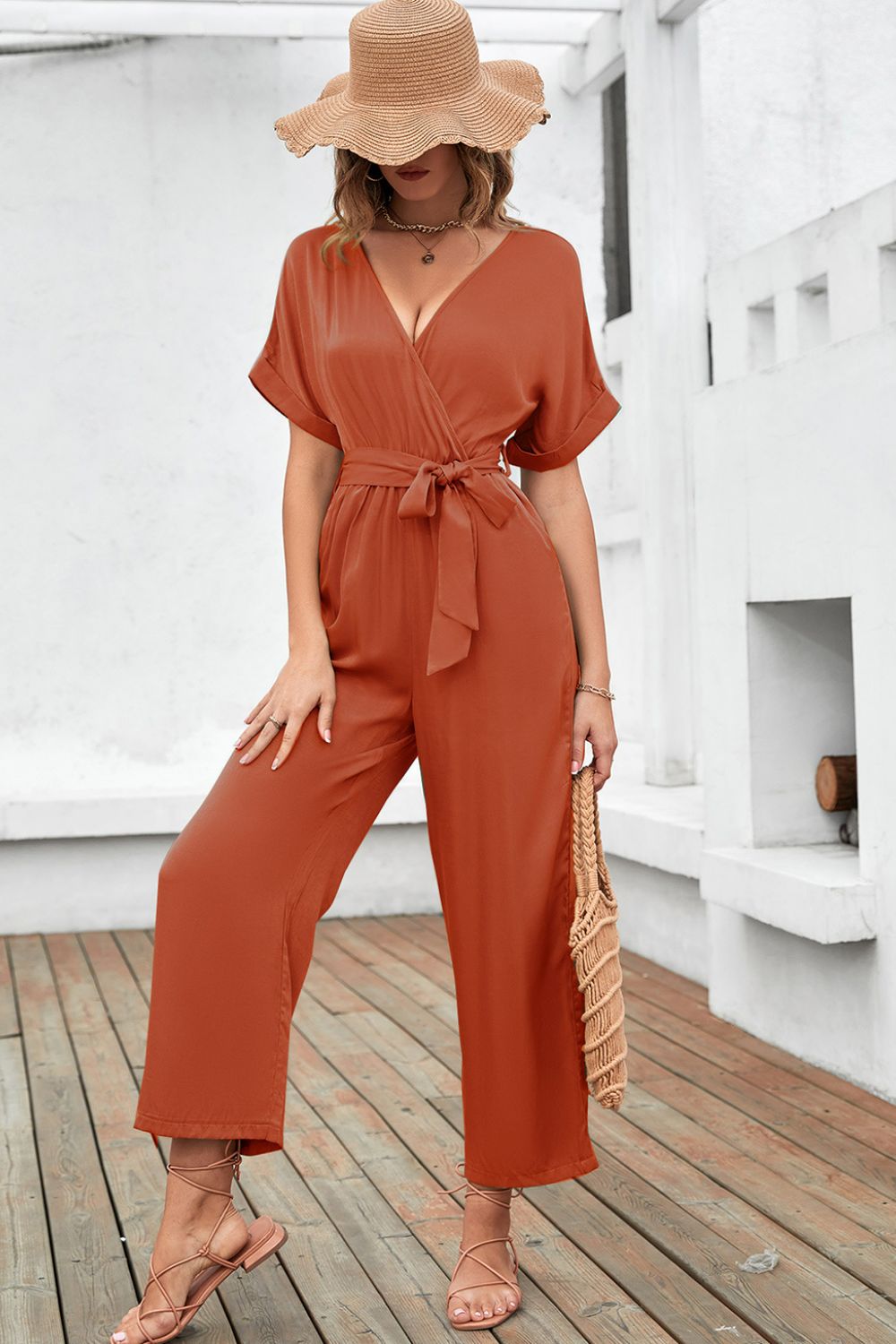 swvws Tie-Waist Surplice Wide Leg Jumpsuit