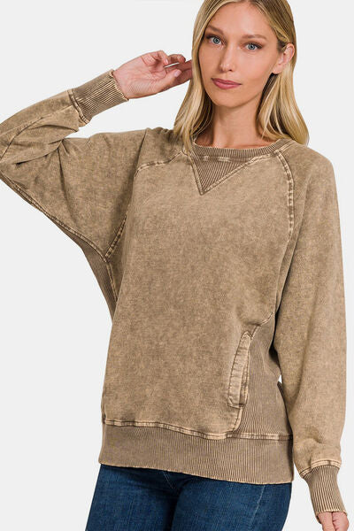 swvws Zenana Pocketed Round Neck Sweatshirt