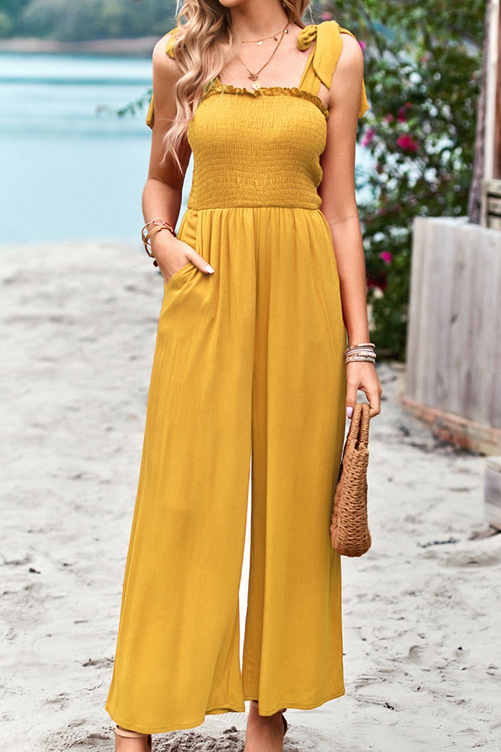 swvws Frill Trim Tie Shoulder Wide Leg Jumpsuit with Pockets