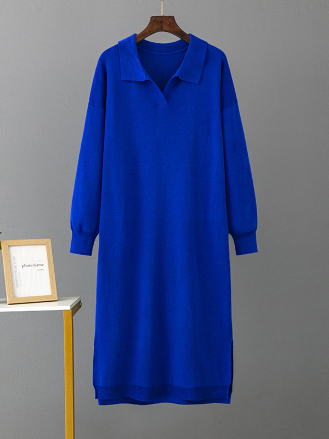 swvws Johnny Collar Long Sleeve Slit Sweater Dress