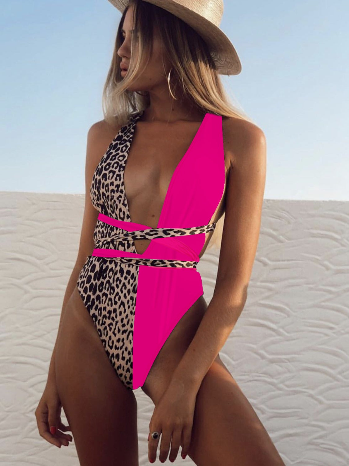 swvws Tied Leopard Plunge One-Piece Swimwear