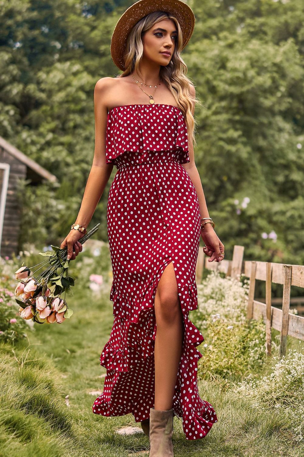 swvws Polka Dot Strapless Slit Ruffled Maxi Dress