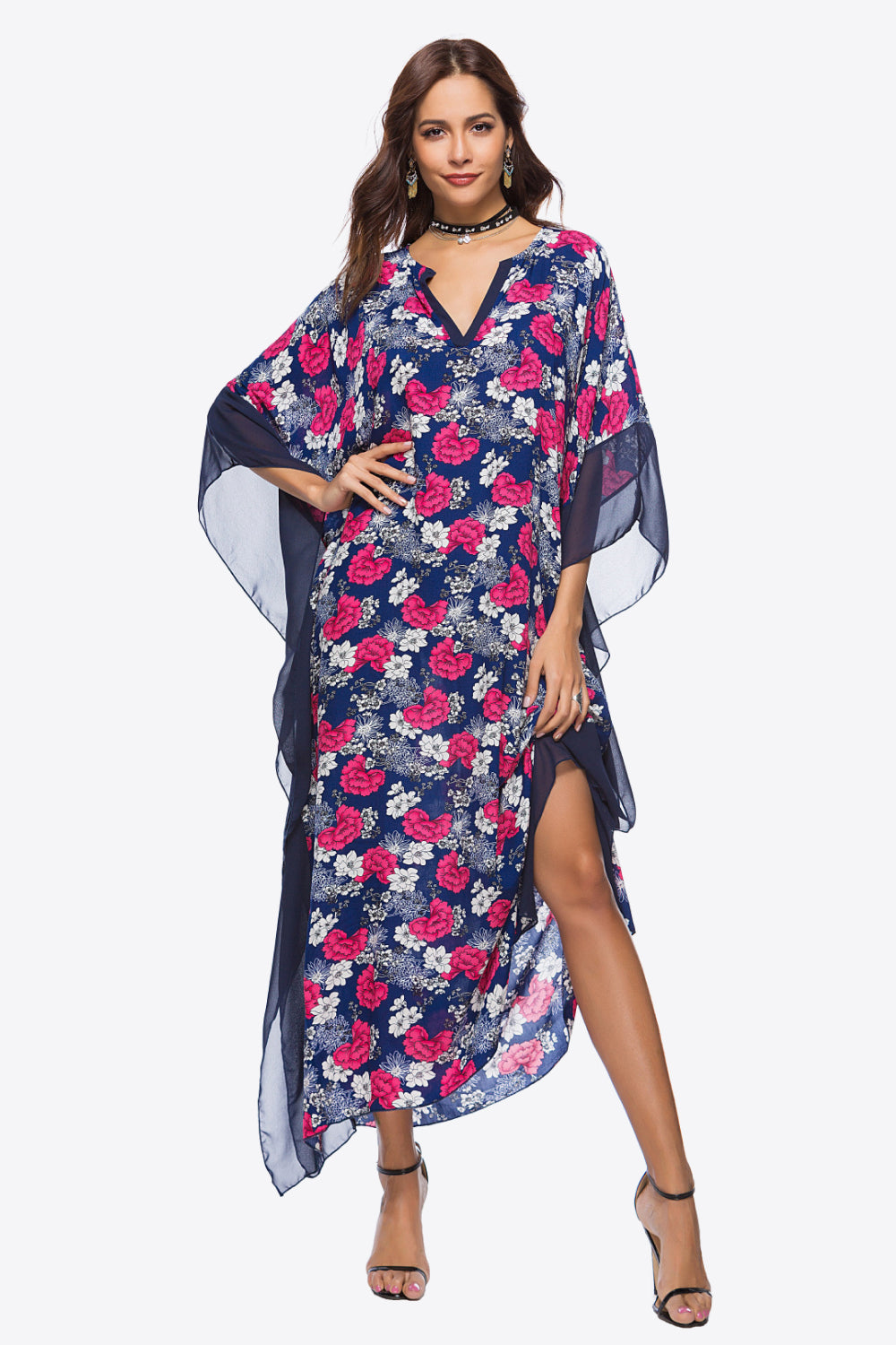 swvws Floral Notched Neck Dolman Sleeve Maxi Dress