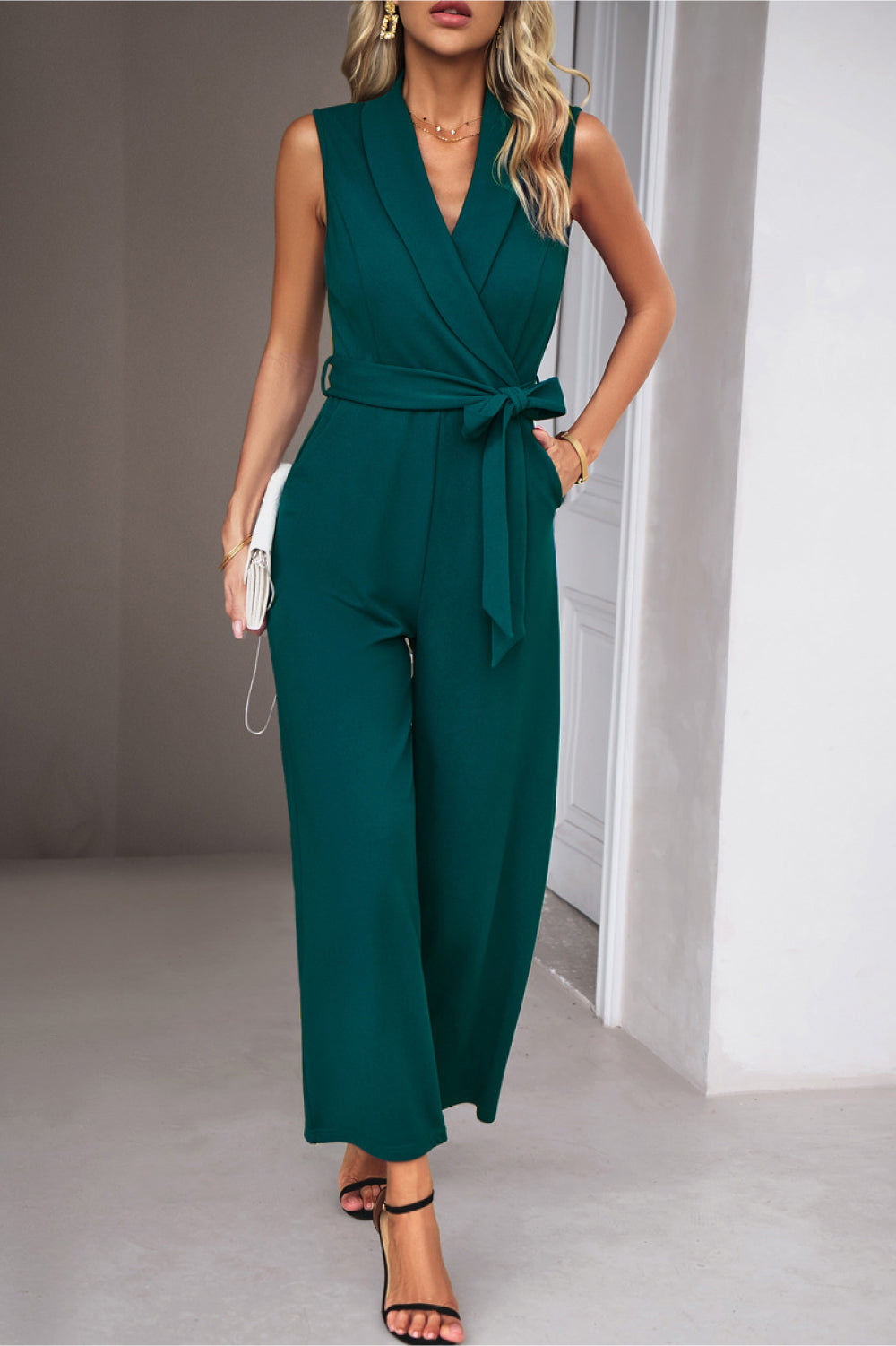 swvws Tie Waist Shawl Collar Sleeveless Jumpsuit