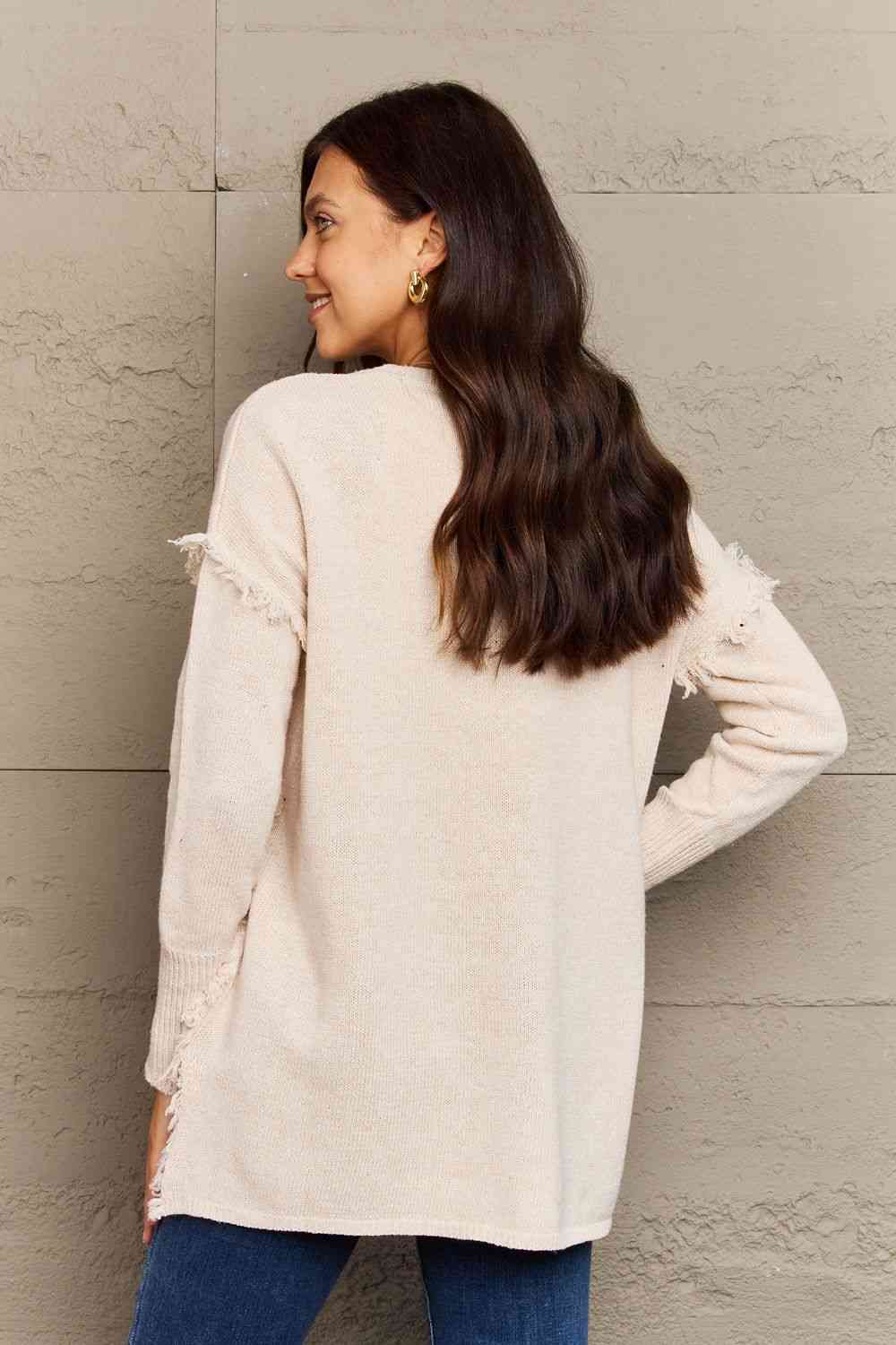 swvws Ninexis Full Size Buttoned Dropped Shoulder Raw Hem Pullover Sweater