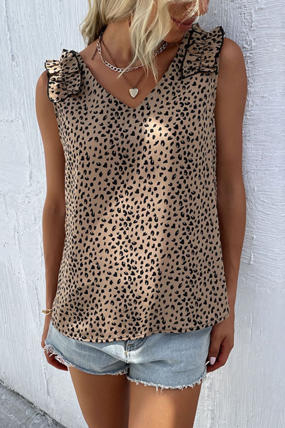 swvws Leopard Frill Trim V-Neck Tank