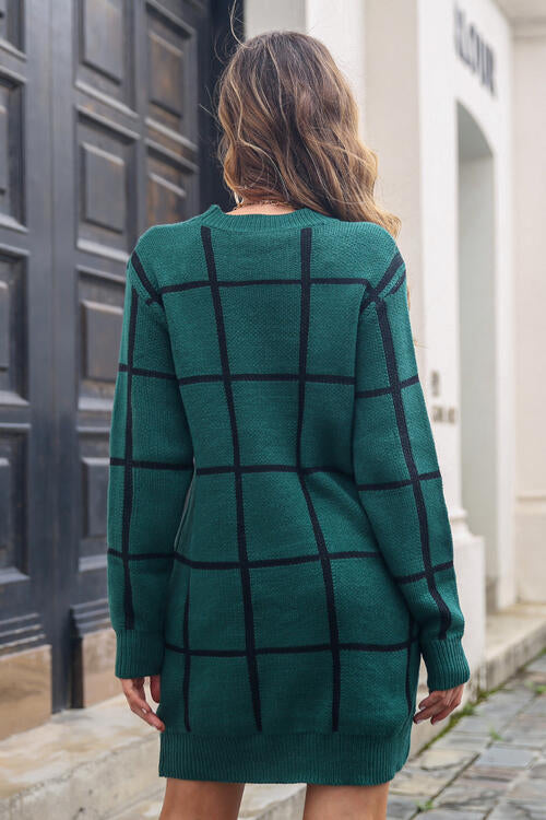 swvws Plaid Round Neck Long Sleeve Sweater Dress