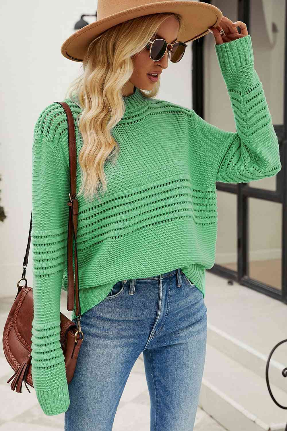 swvws Round Neck Openwork Long Sleeve Pullover Sweater