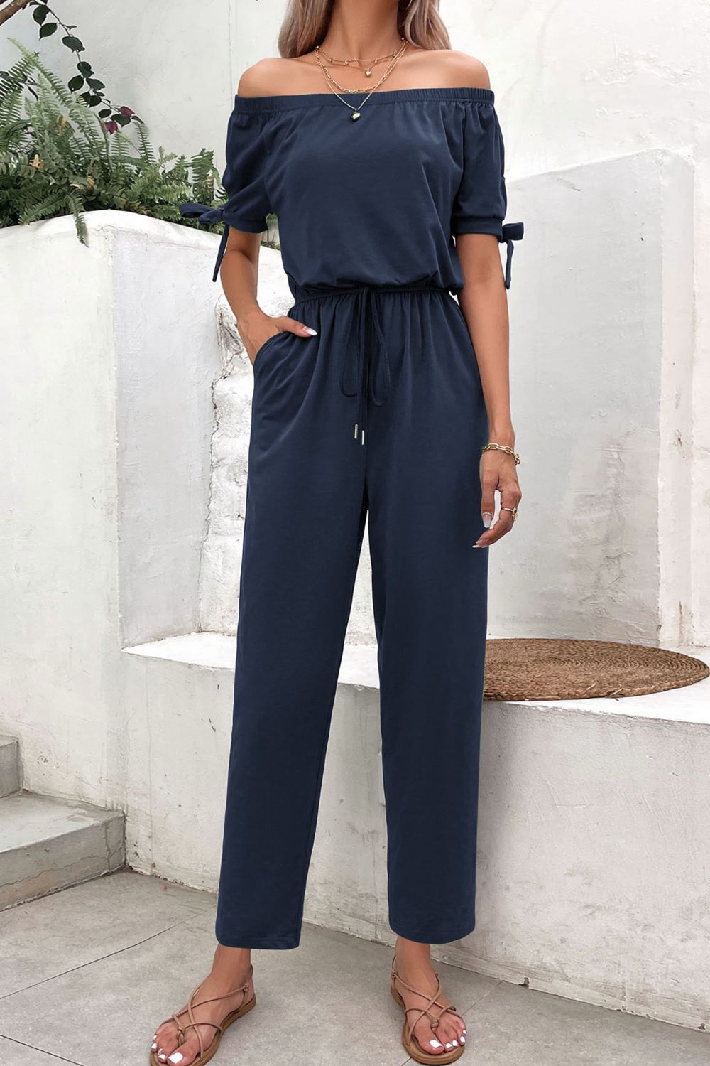 swvws Off-Shoulder Tie Cuff Jumpsuit with Pockets