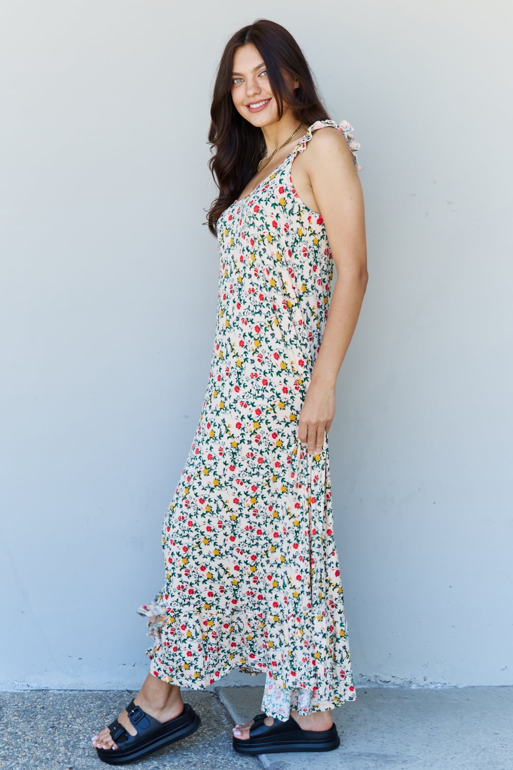 swvws Doublju In The Garden Ruffle Floral Maxi Dress in Natural Rose