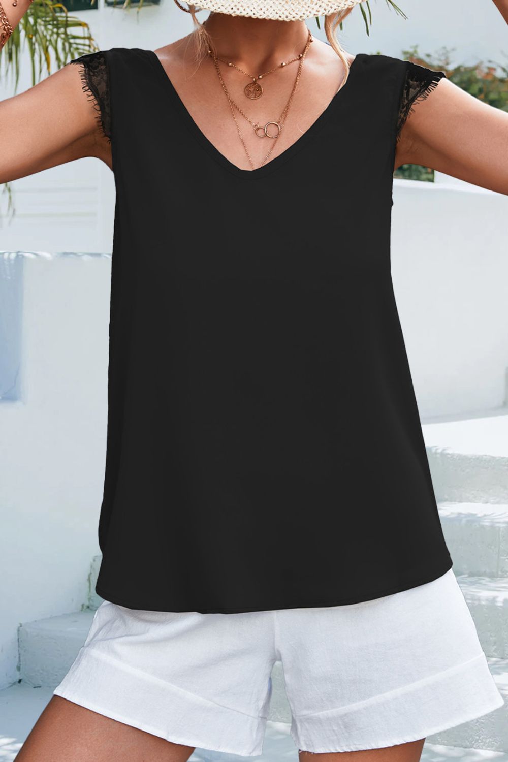 swvws Lace Detail Eyelash Trim V-Neck Tank