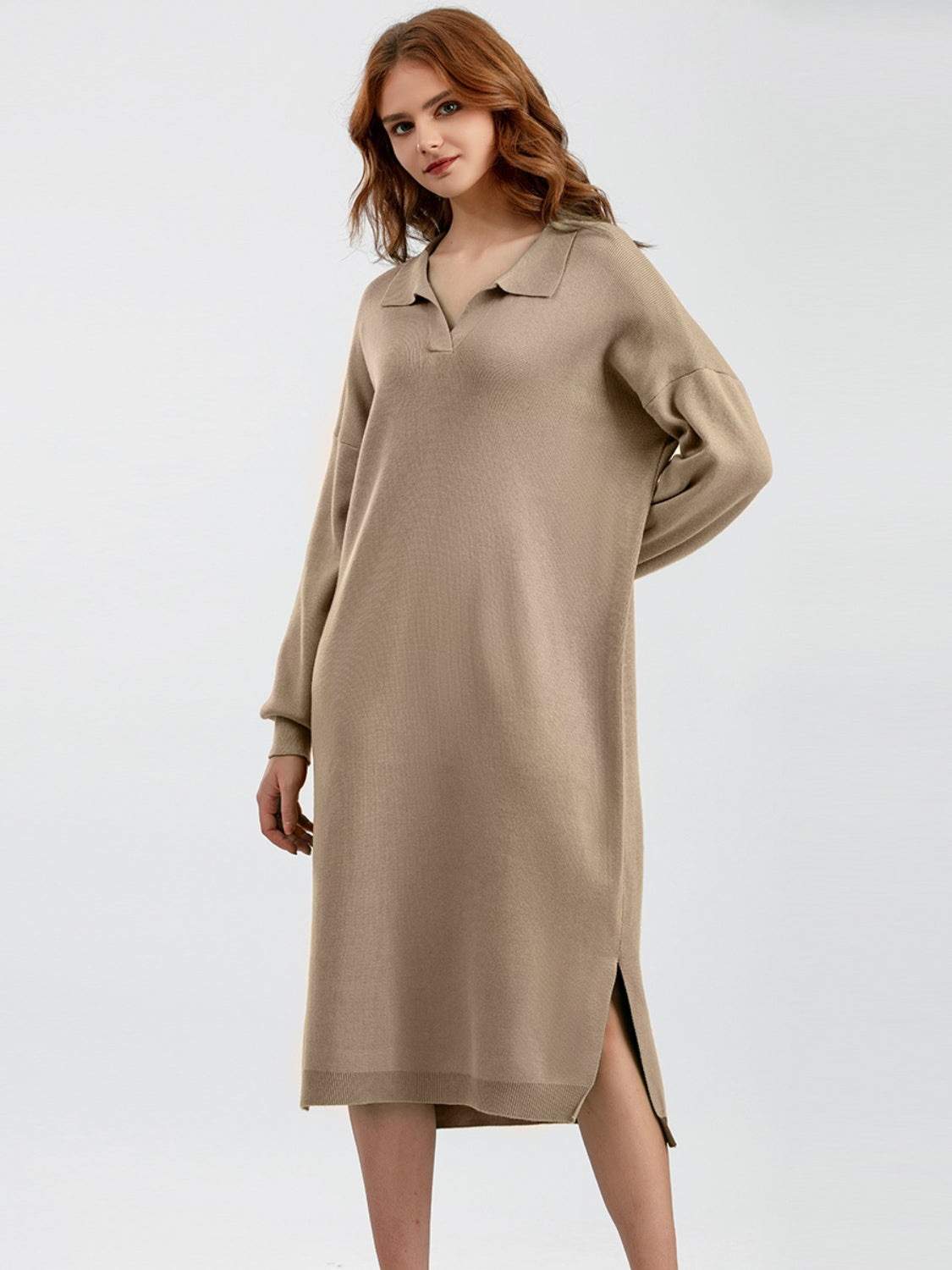 swvws Johnny Collar Long Sleeve Slit Sweater Dress