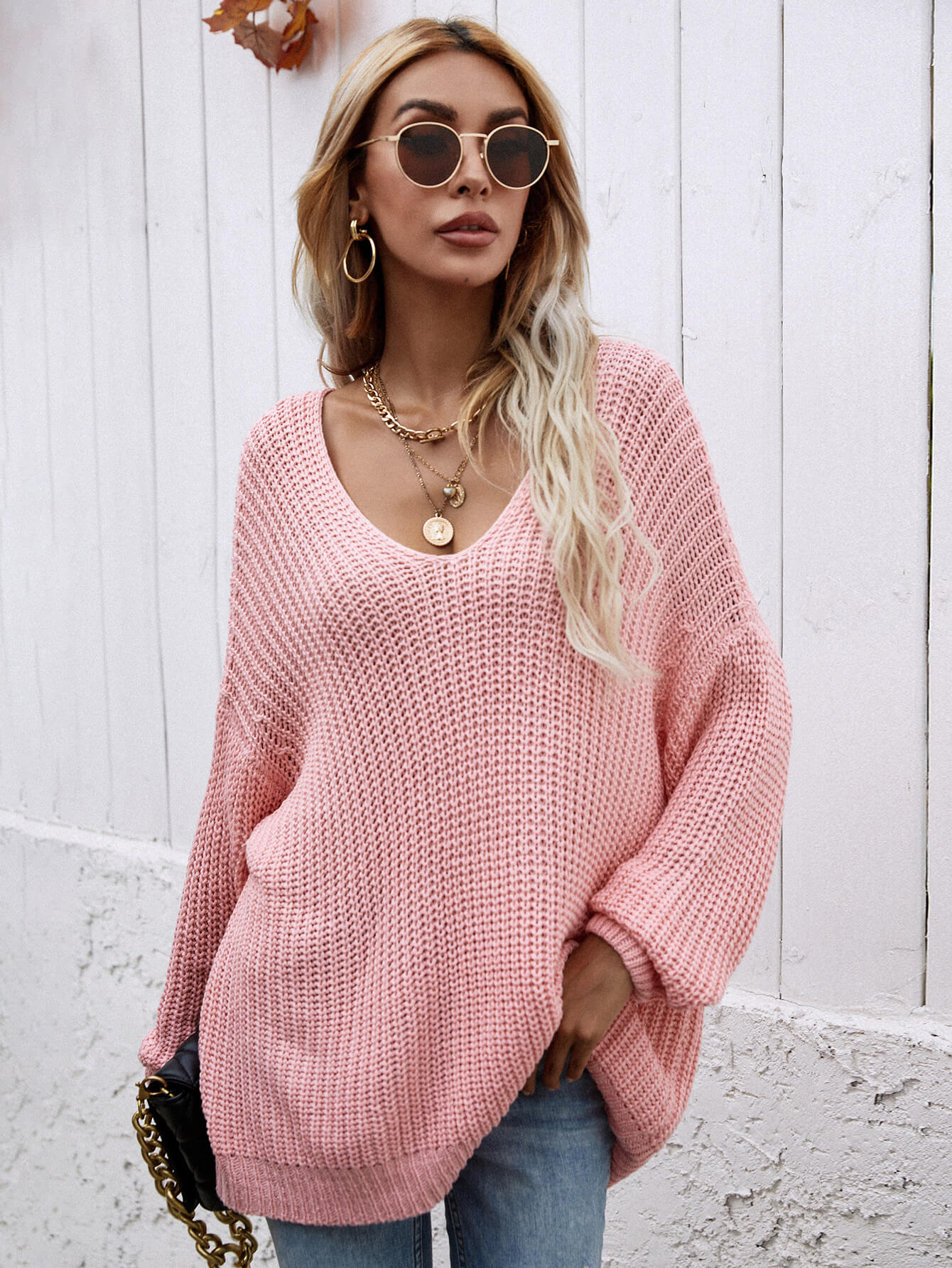 swvws Rib-Knit Drop Shoulder V-Neck Pullover Sweater