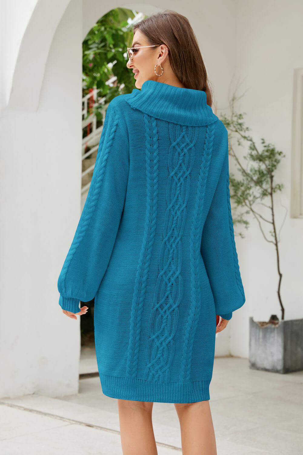 swvws Mixed Knit Turtleneck Lantern Sleeve Sweater Dress