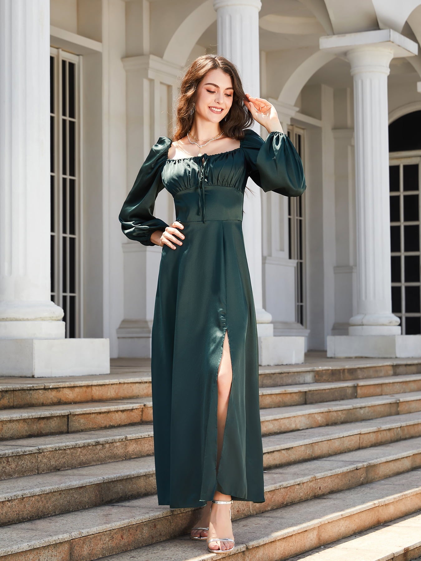 swvws Square Neck Puff Sleeve High Slit Maxi Dress