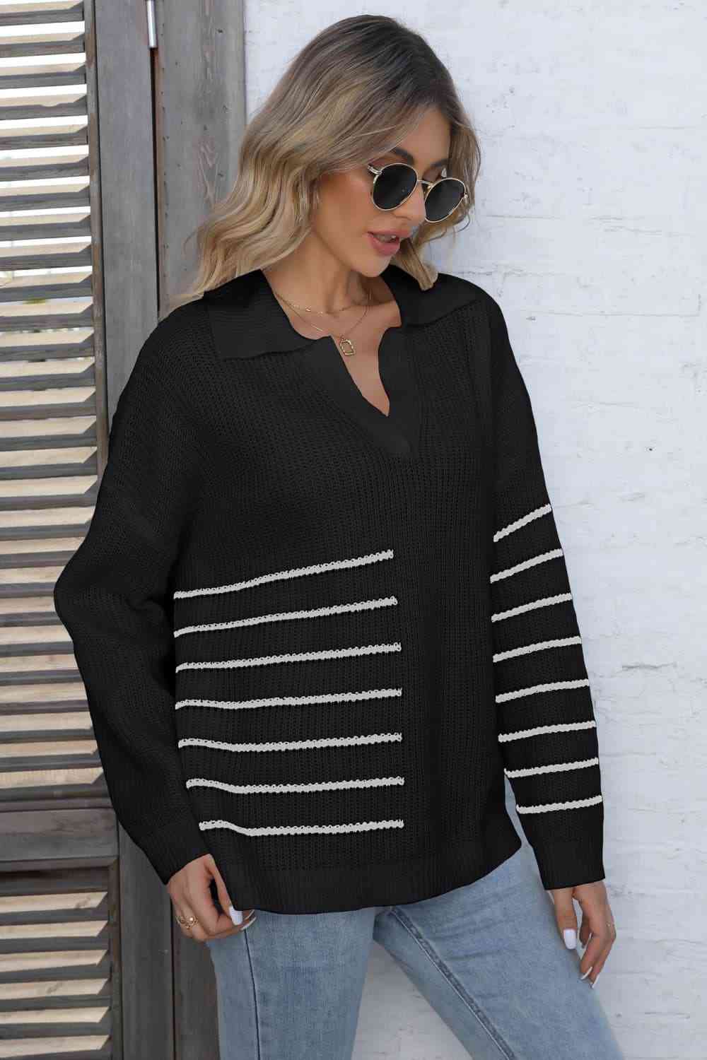 swvws Ribbed Notched Neck Striped Long Sleeve Sweater