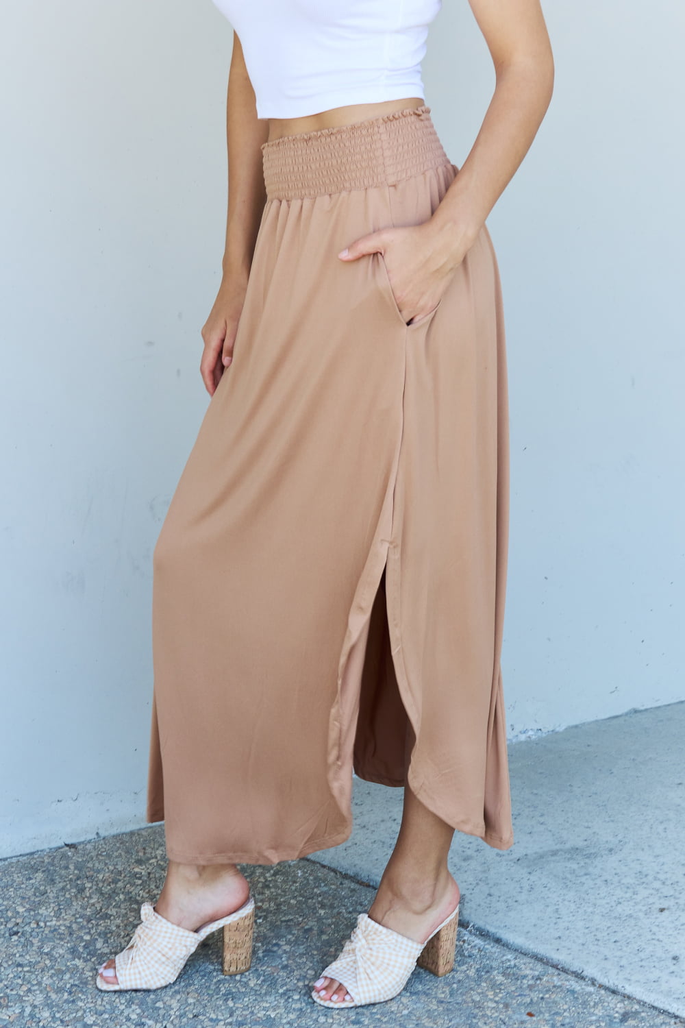 themeisles Doublju Comfort Princess Full Size High Waist Scoop Hem Maxi Skirt in Tan