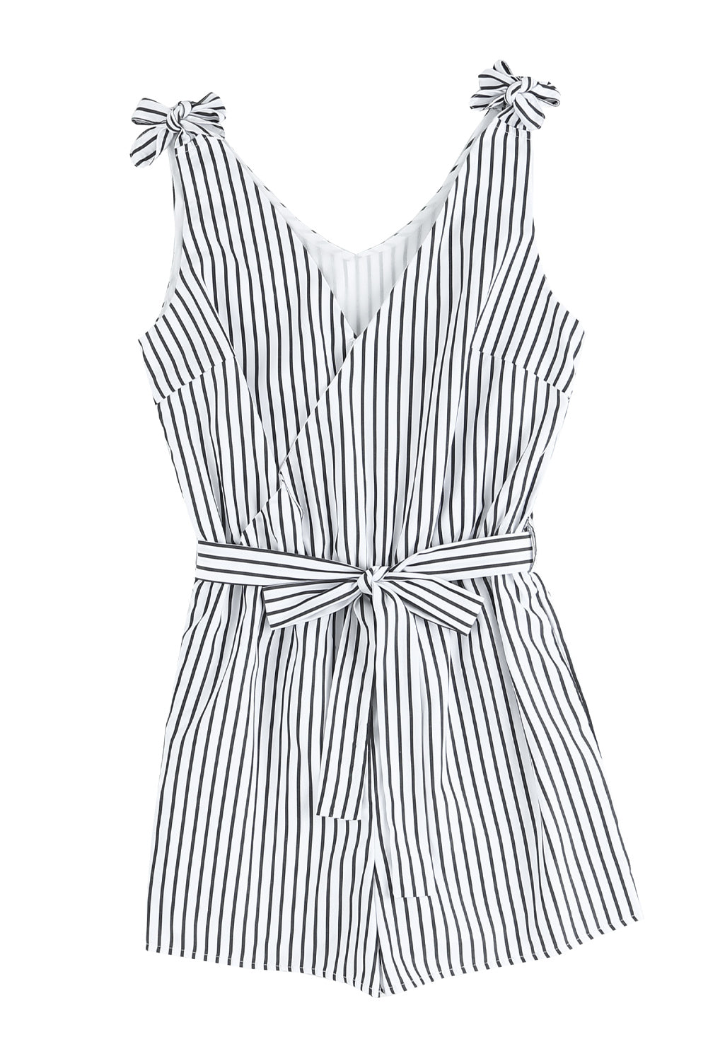 swvws Striped Tie-Shoulder Belted Surplice Romper