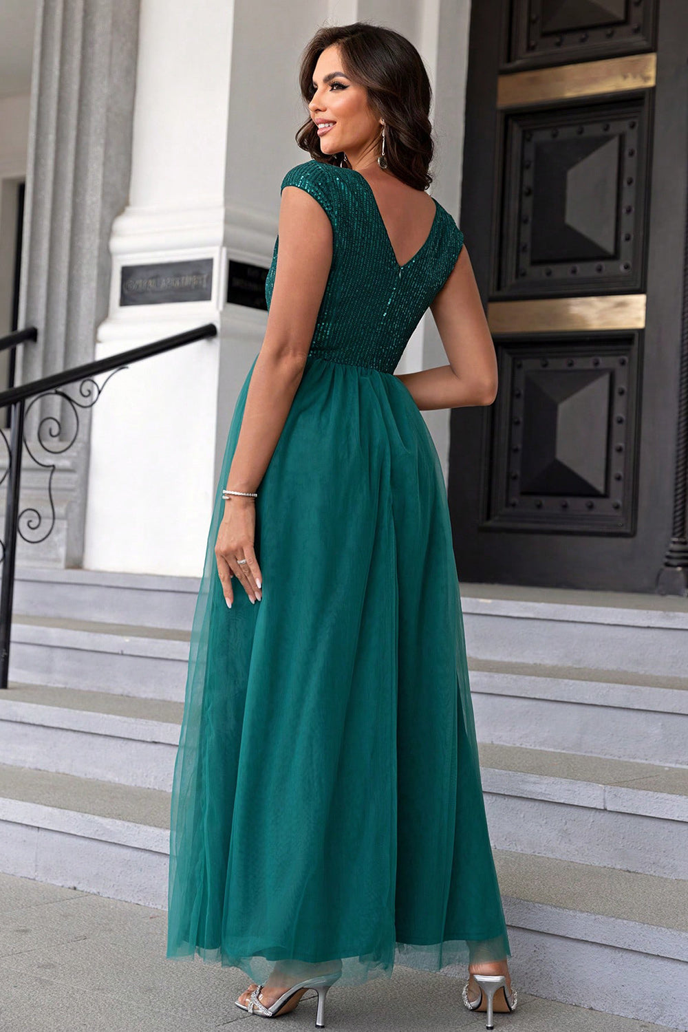 swvws Sequin V-Neck Mesh Maxi Dress