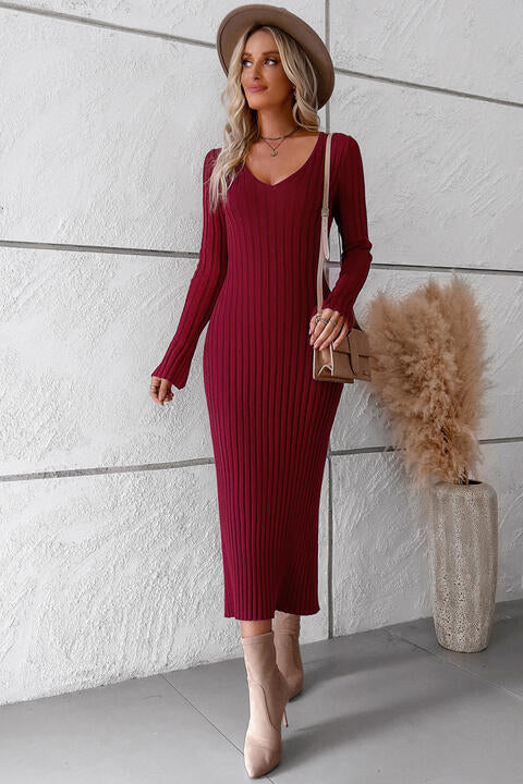 swvws V-Neck Long Sleeve Ribbed Sweater Dress