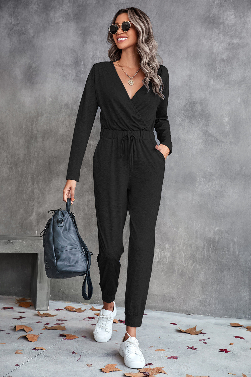 swvws Drawstring Waist Surplice Long Sleeve Jumpsuit