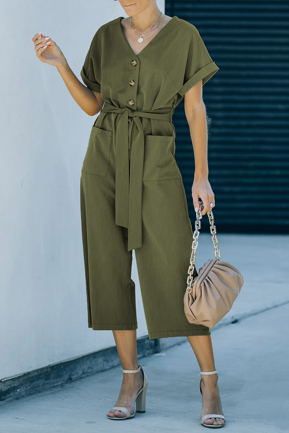 swvws Tie-Waist Buttoned Cropped Jumpsuit