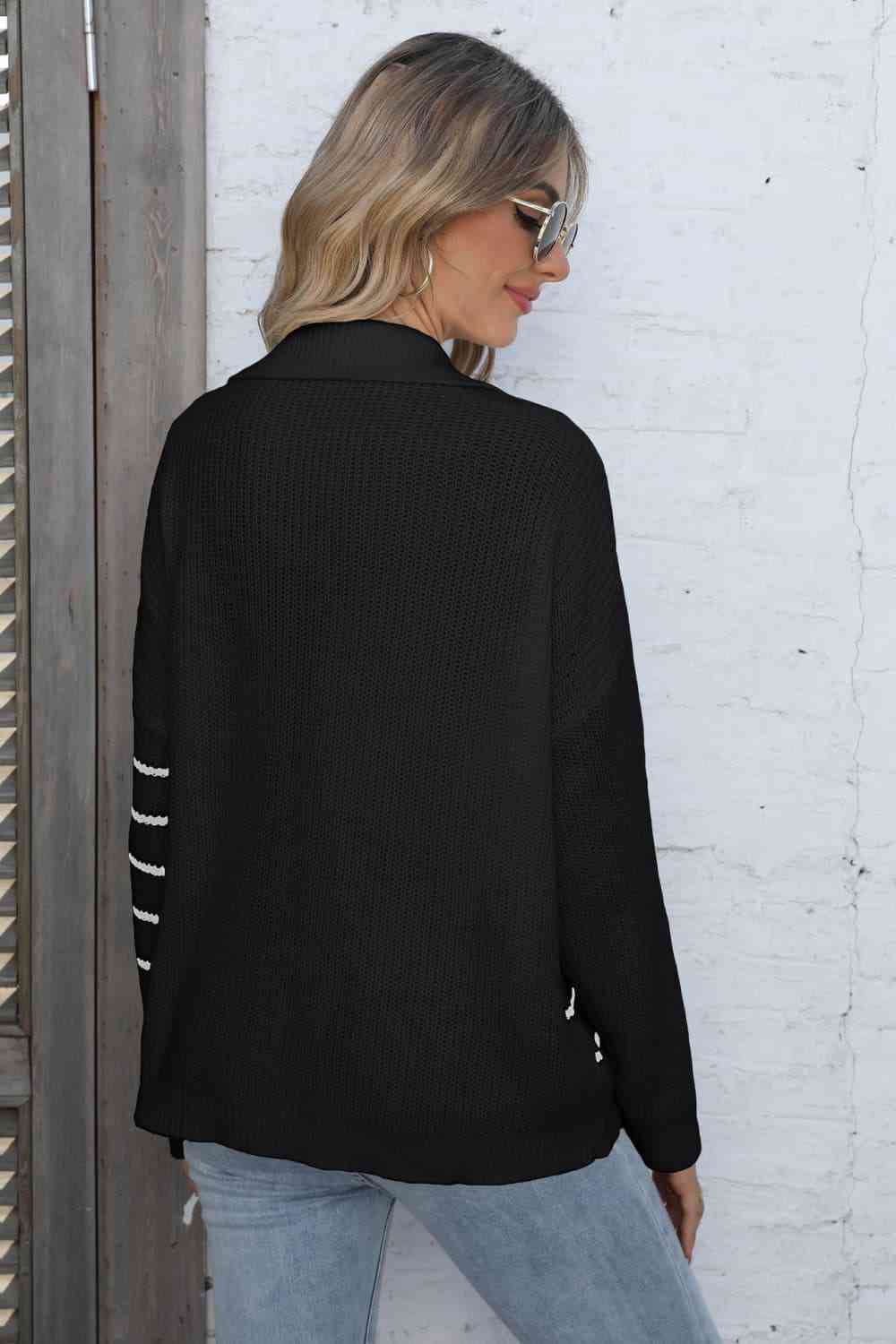 swvws Ribbed Notched Neck Striped Long Sleeve Sweater