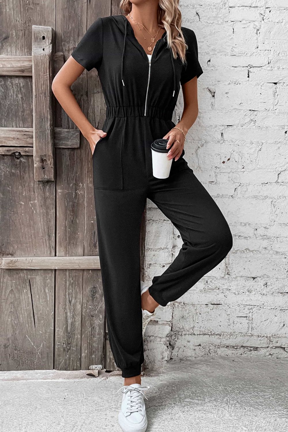 swvws Zip-Up Short Sleeve Hooded Jumpsuit with Pockets