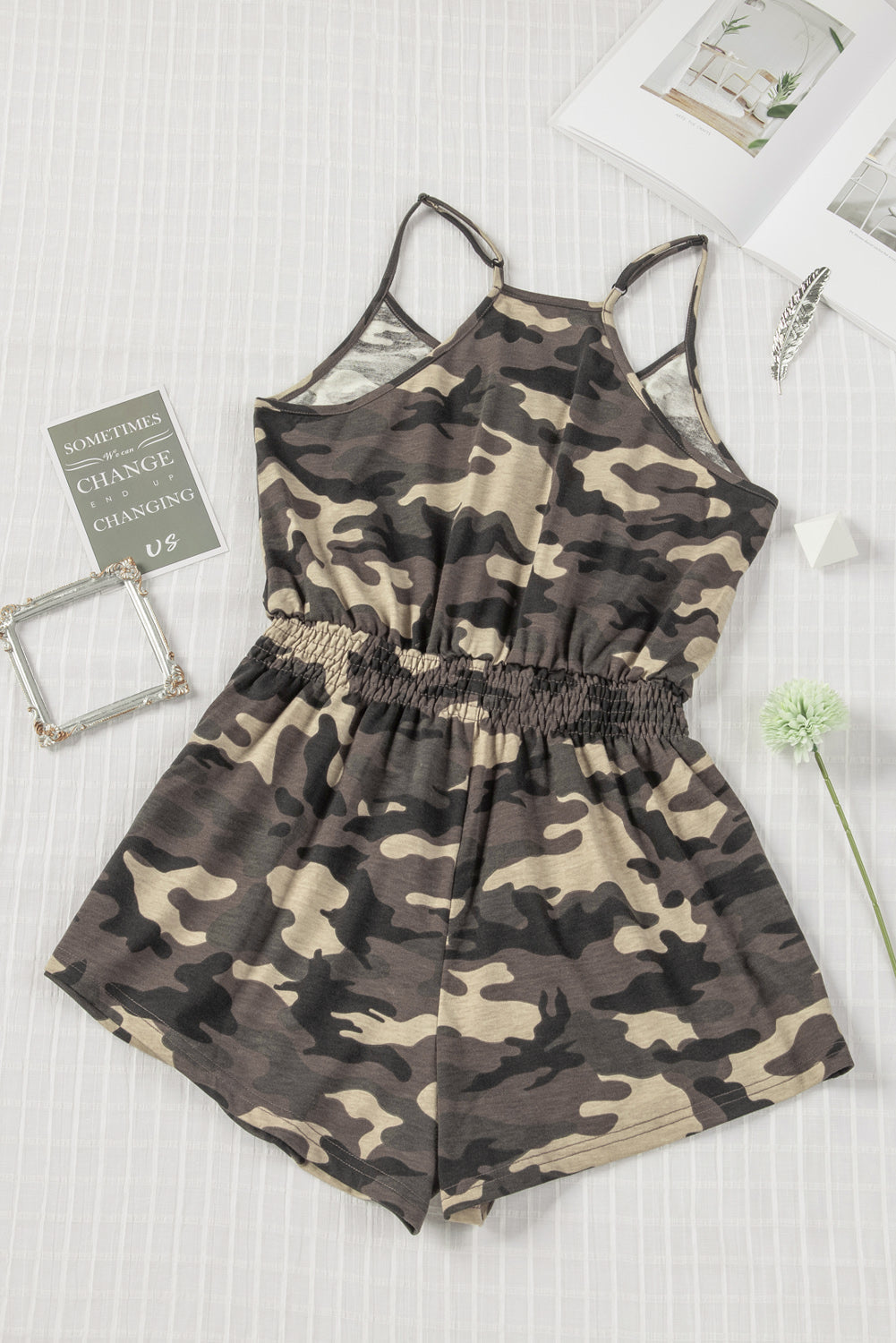 swvws Camouflage Smocked Waist Sleeveless Romper