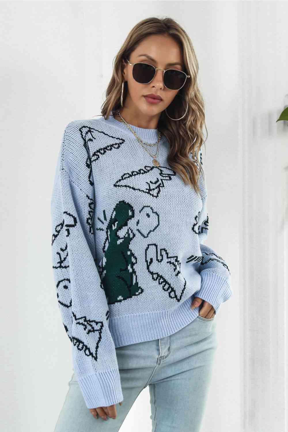 swvws Dinosaur Pattern Round Neck Sweater