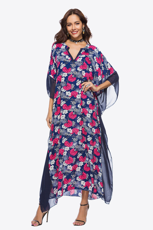 swvws Floral Notched Neck Dolman Sleeve Maxi Dress