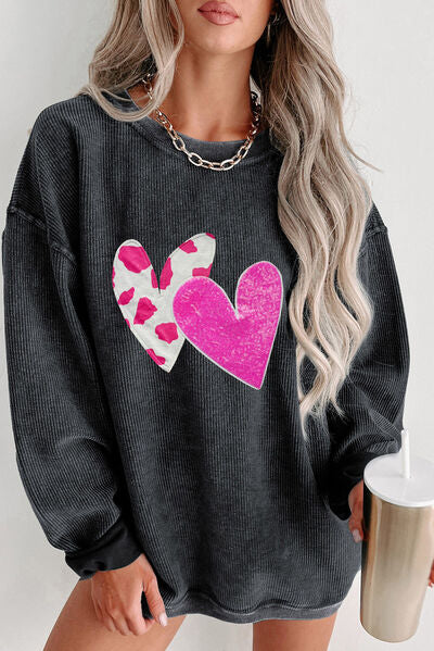 swvws Heart Round Neck Dropped Shoulder Sweatshirt