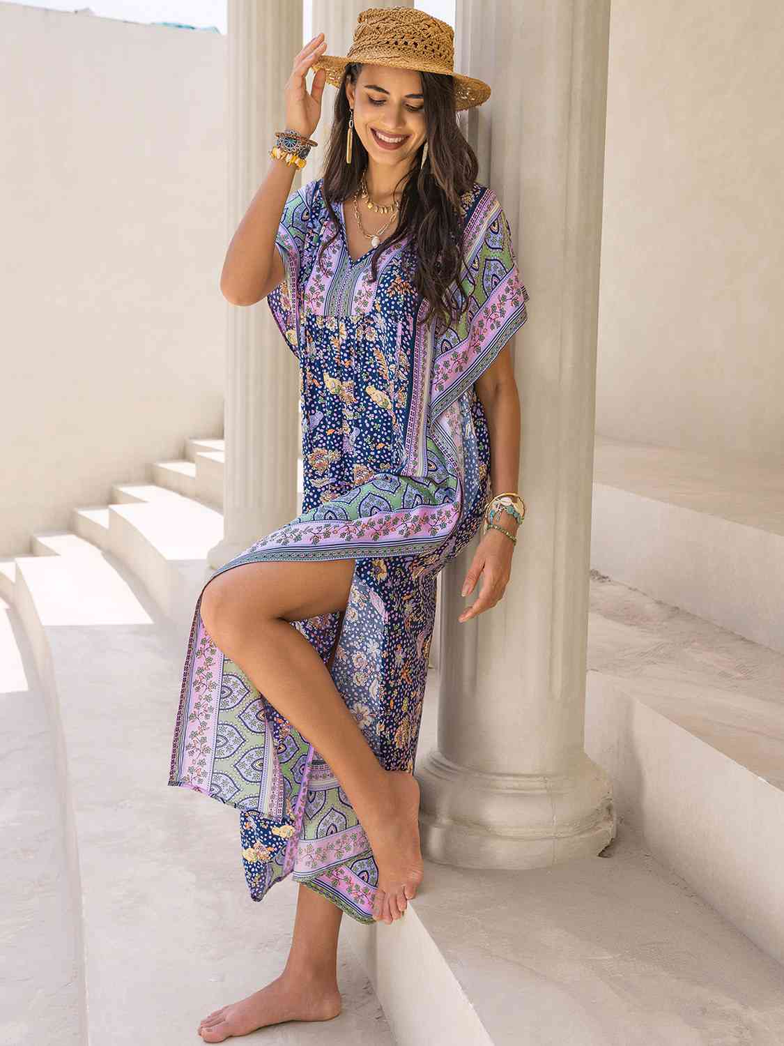 swvws V-Neck Printed Slit Maxi Dress