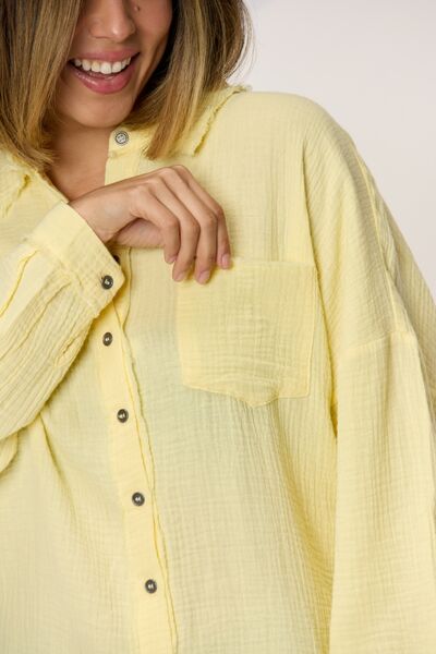 swvws Zenana Texture Button Up Raw Hem Long Sleeve Shirt