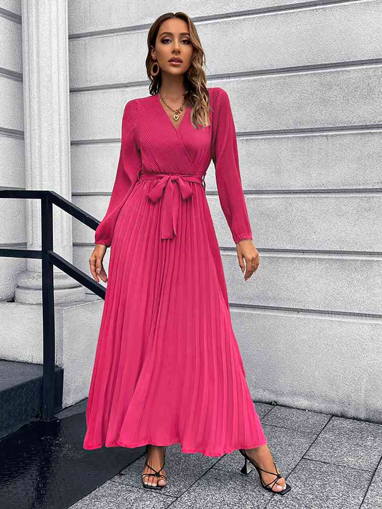 swvws V-Neck Tie Waist Pleated Maxi Dress