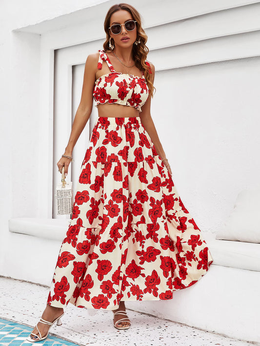 swvws Floral Tie Shoulder Top and Tiered Maxi Skirt Set