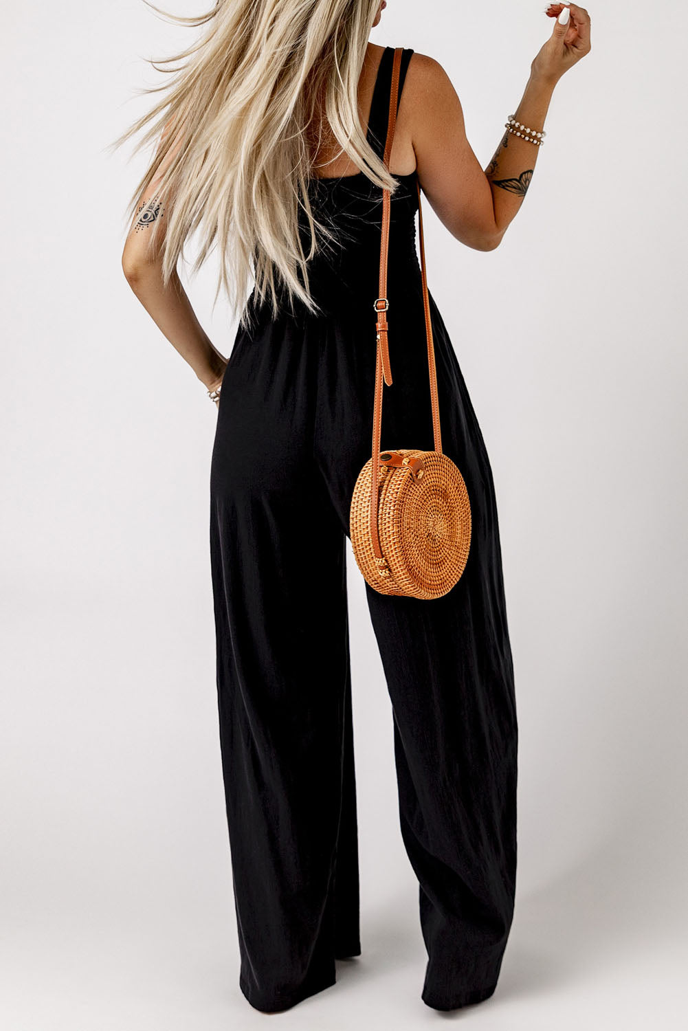 swvws Smocked Square Neck Wide Leg Jumpsuit with Pockets