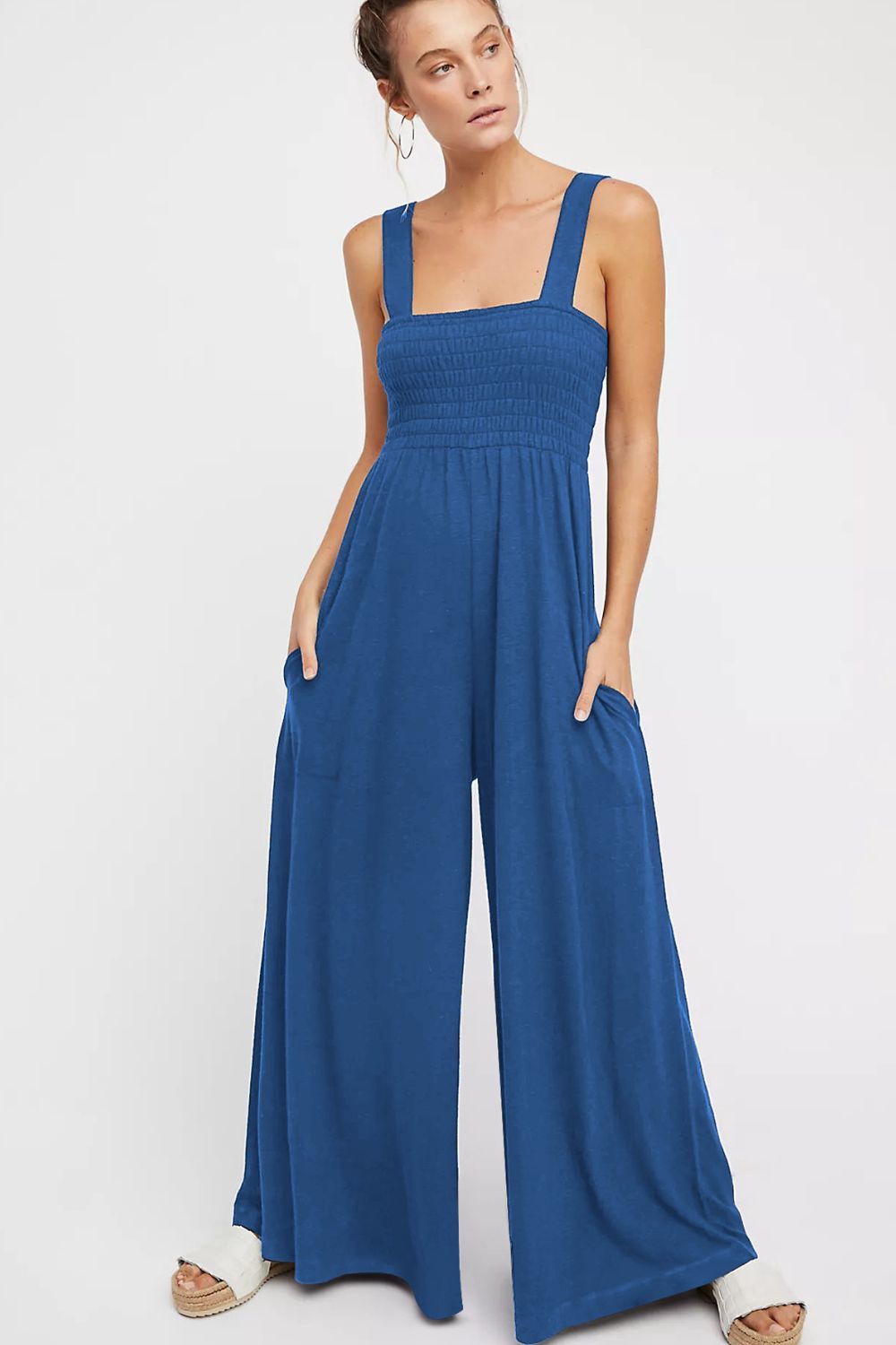 swvws Smocked Square Neck Wide Leg Jumpsuit with Pockets