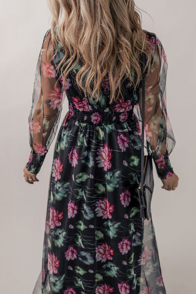 swvws Somcked Floral V-Neck Long Sleeve Dress